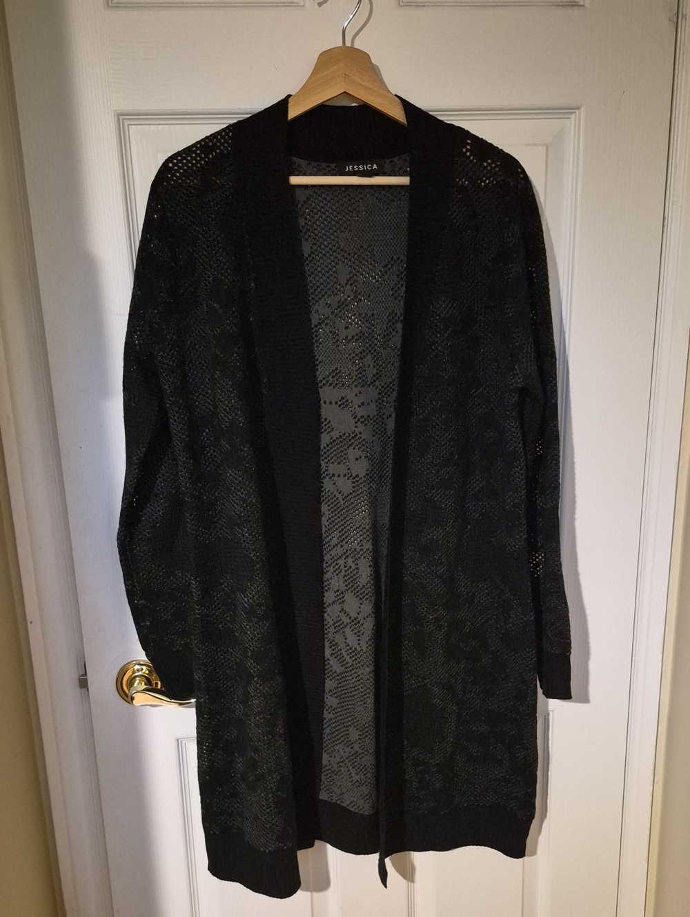 Jessica Black Floral Burnout Cutout Open Front Duster Cardigan - L / 16
